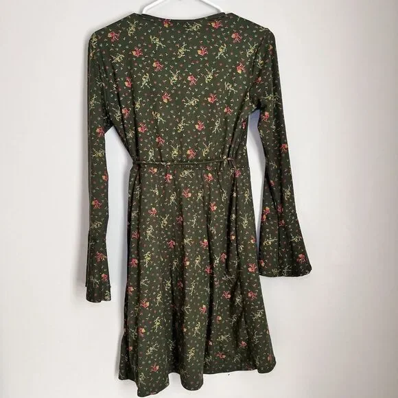 Emory Park Wrapped Mini‎ Dress Green Floral Y2K Boho Cottage Core Fairy Ethereal - Picture 8 of 10